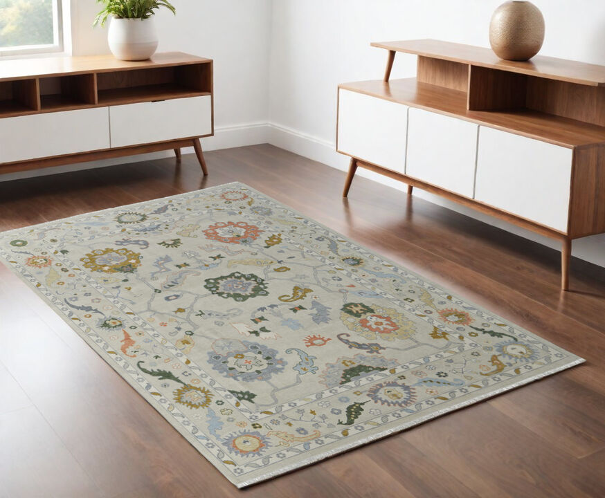 HomeRoots Wool Floral Hand Knotted Area Rug With Fringe