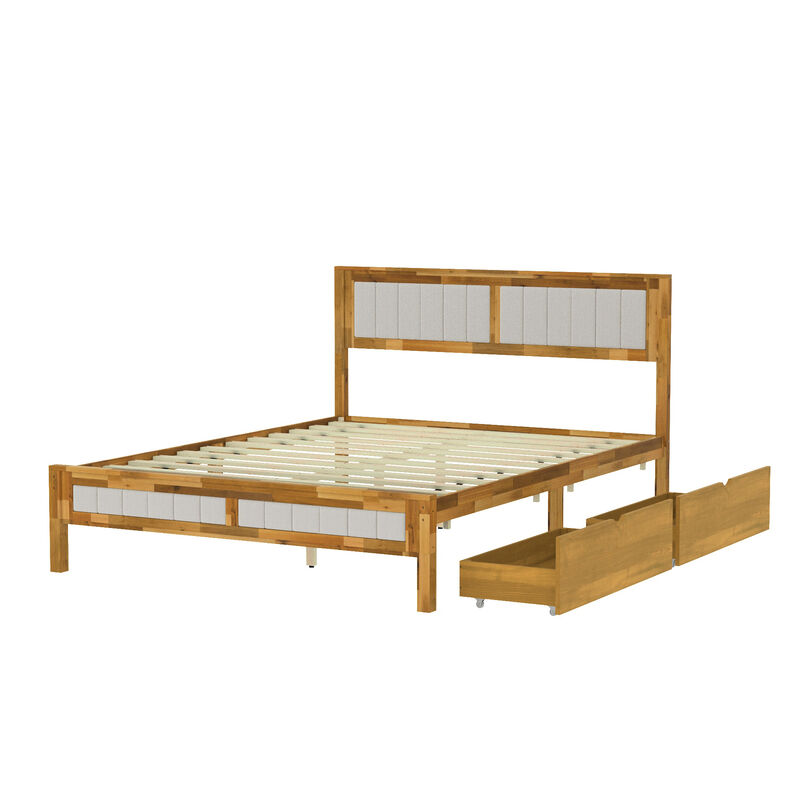 FUFU&GAGA Solid Wood Upholstered Bed with Storage Drawers, Acacia Wood Frame & Gray Linen Headboard, One-Side Drawer Design, (84 in. W x 63.5 in. D x 41.7 in. H), Wood Tone & Natural Finish