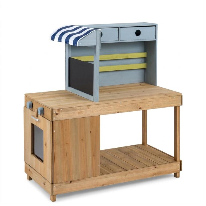 Outdoor Kids Wooden Kitchen Playset with Canopy and Faucet