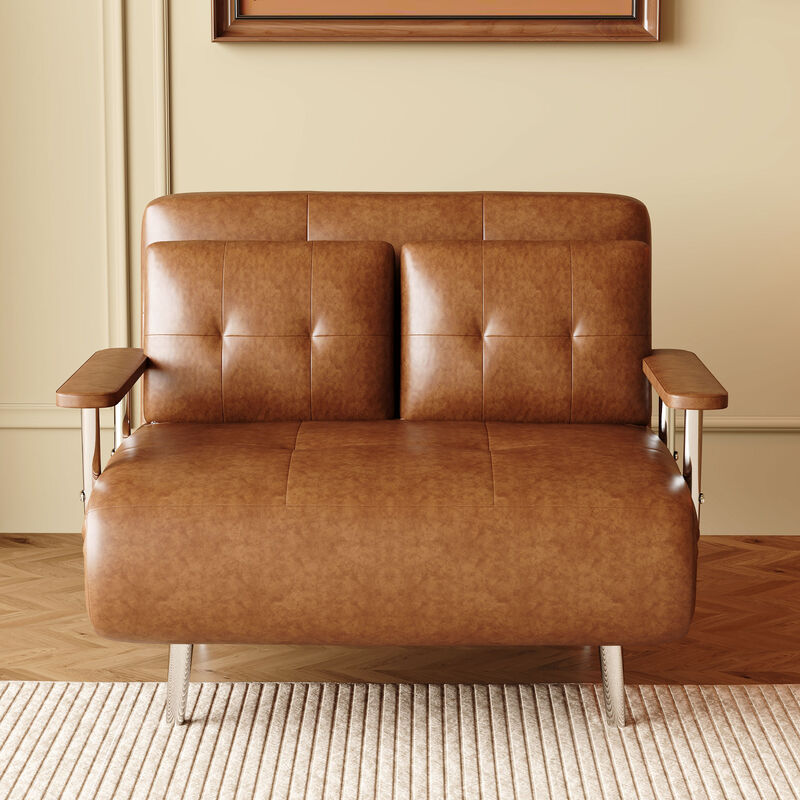 Leather Sofa Bed with Metal Legs for Living Room 39.37", Brown image number 1