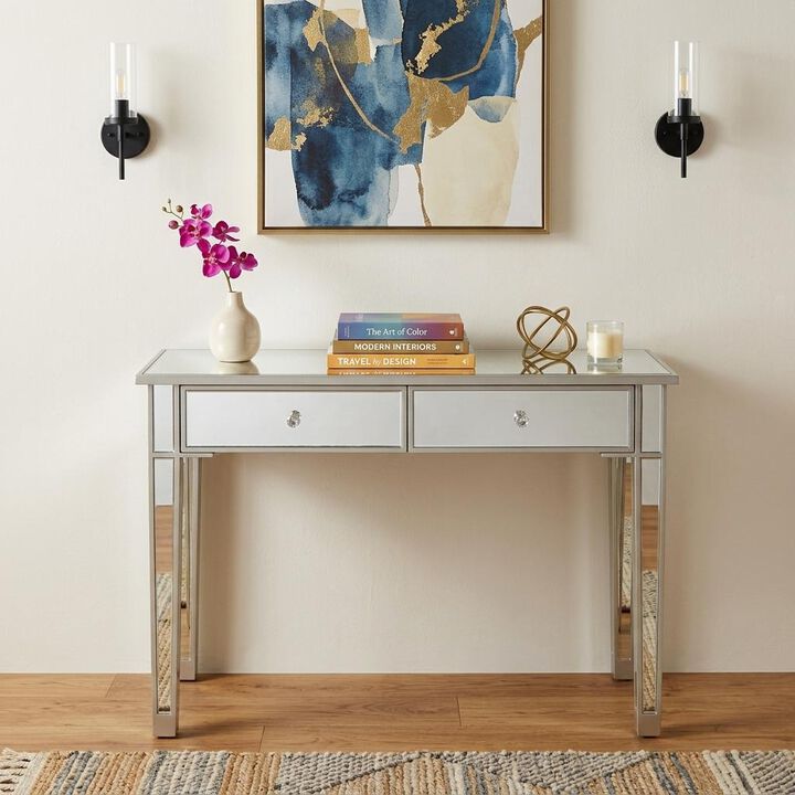 HomeRoots 40" Silver Mirrored Glass and Wood Console Table With Two Drawers