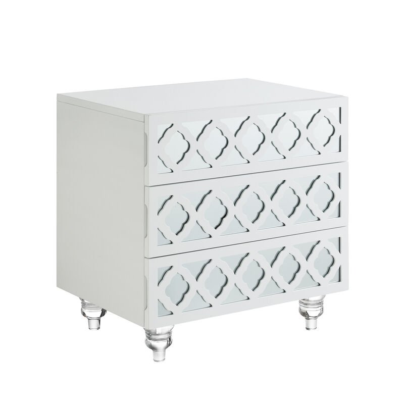 HomeRoots 24" Light Gray And Mirrored Glass Wood Cutwork End Table With Three Drawers image number 2