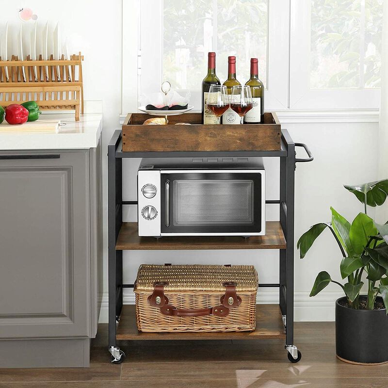 Hivvago Farmhouse 3-Tier Kitchen Microwave Cart with Serving Tray on Wheels