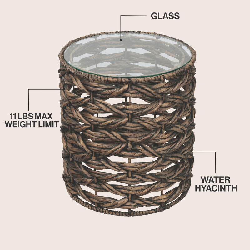 Malaya Bohemian Coastal Handwoven Water Hyacinth Open Weave Round End Table with Glass Top image number 2