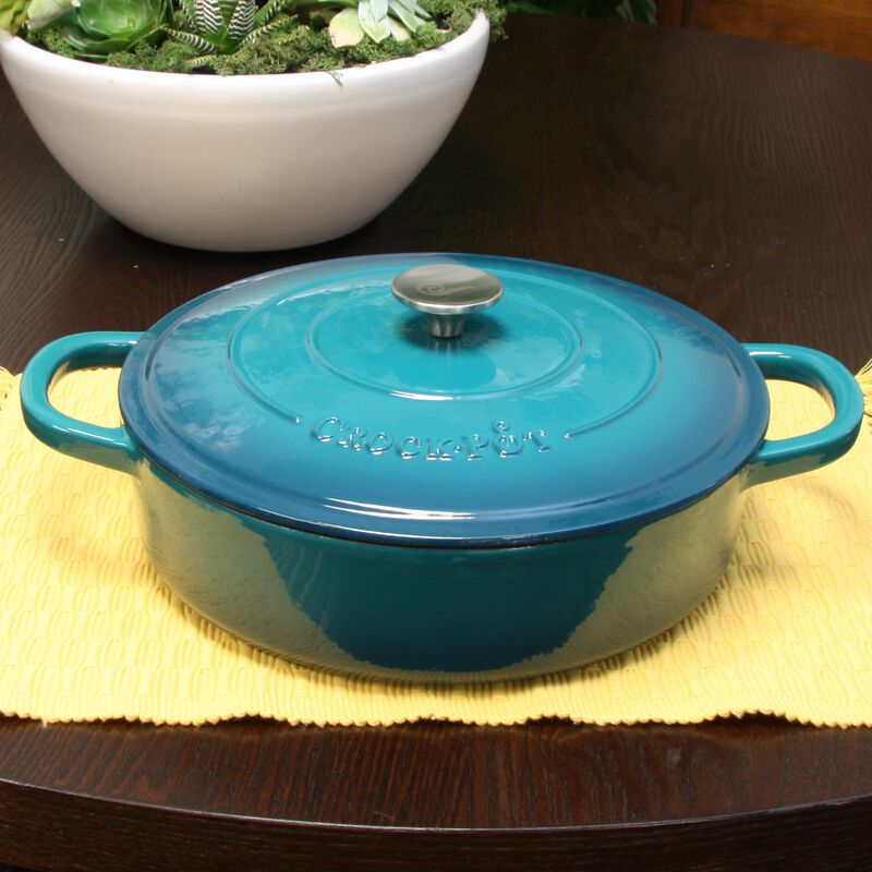Crock Pot Artisan Enameled Cast Iron 5 Quart Round Braiser Pan with Self Basting Lid in Teal Ombre