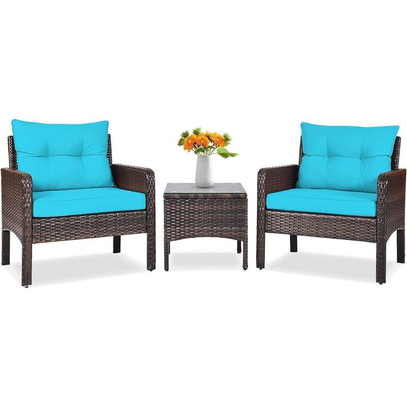 Hivvago 3-Piece Brown PE Rattan Outdoor Patio Furniture Dining Set w/ Turquoise Cushions