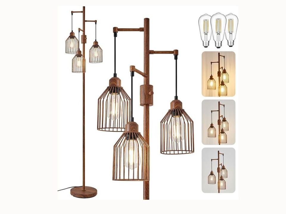 Farmhouse Floor Lamp &ndash; 68.5" Tall, Hanging Cage Design, Wood Finish