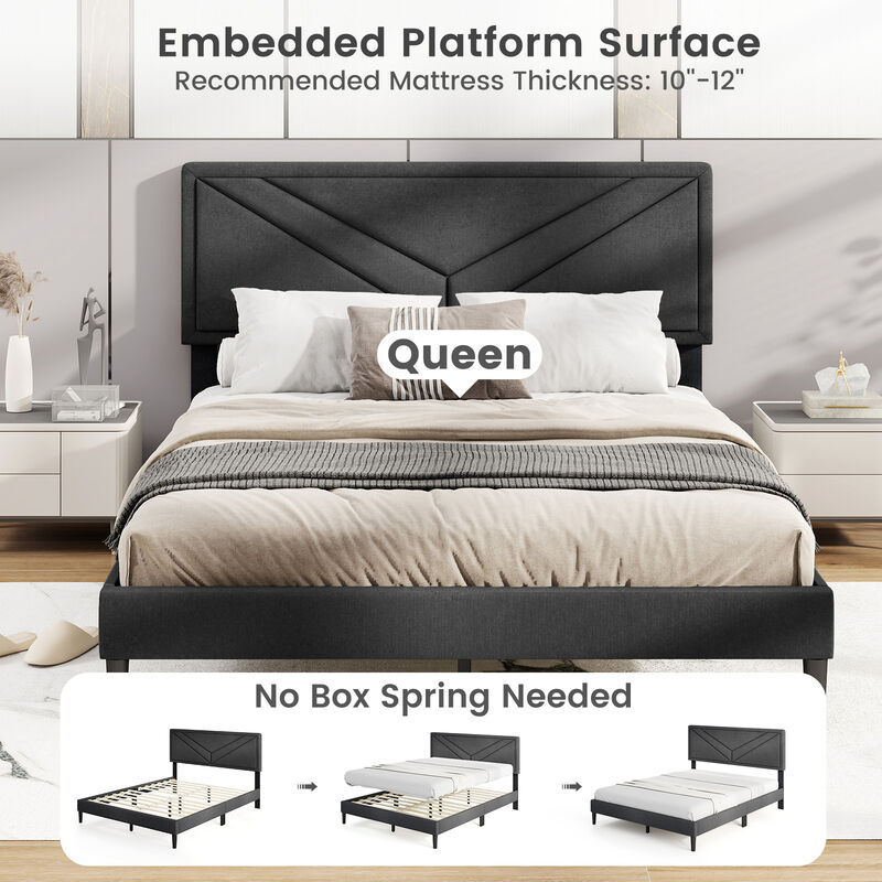 Fabric Upholstered Platform Bed with Tufted Headboard and Durable Wood Slat Support