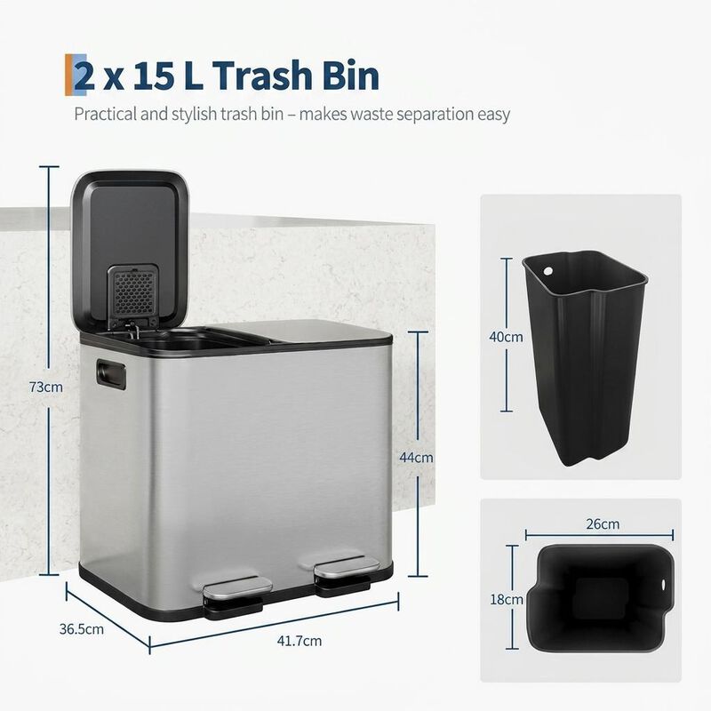 Stainless Steel Dual Compartment Trash Can. 2x15L Removable Buckets, Soft-Close Lid, Touchless pedal image number 4