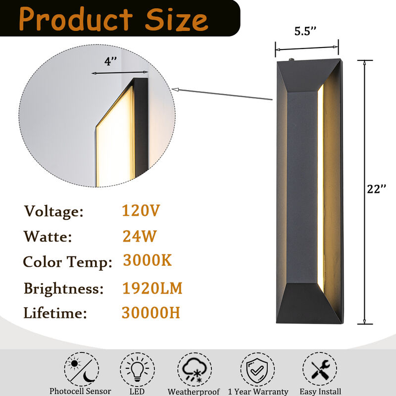 H22" Large Dusk to Dawn Modern Outdoor Wall Light 24W Integrated LED Exterior Wall Sconce with Black Trapezoid Design and Acrylic Shade for Garage Entryway image number 6