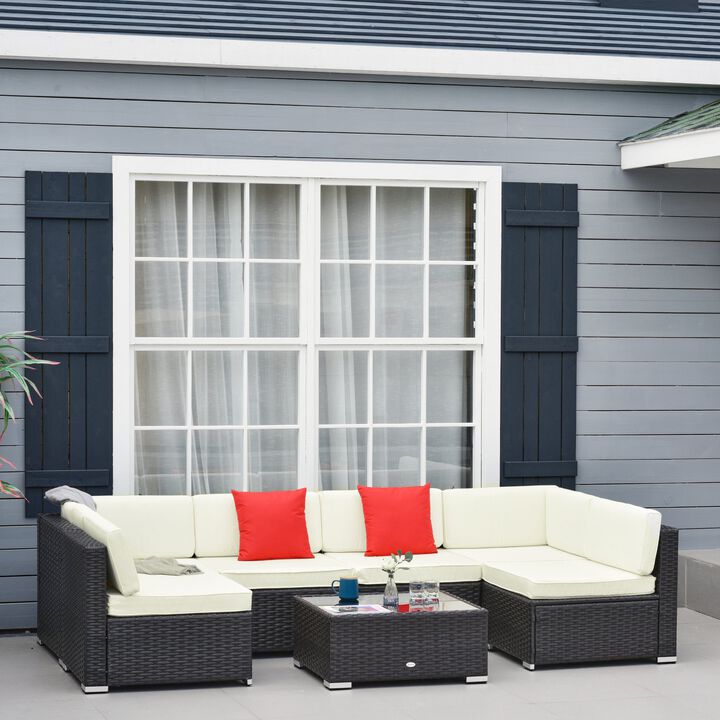Cream White 7-Piece Patio Furniture Set: Outdoor Wicker Conversation Sets PE Rattan Sectional Sofa Set with Cushions & Tempered Glass Desktop