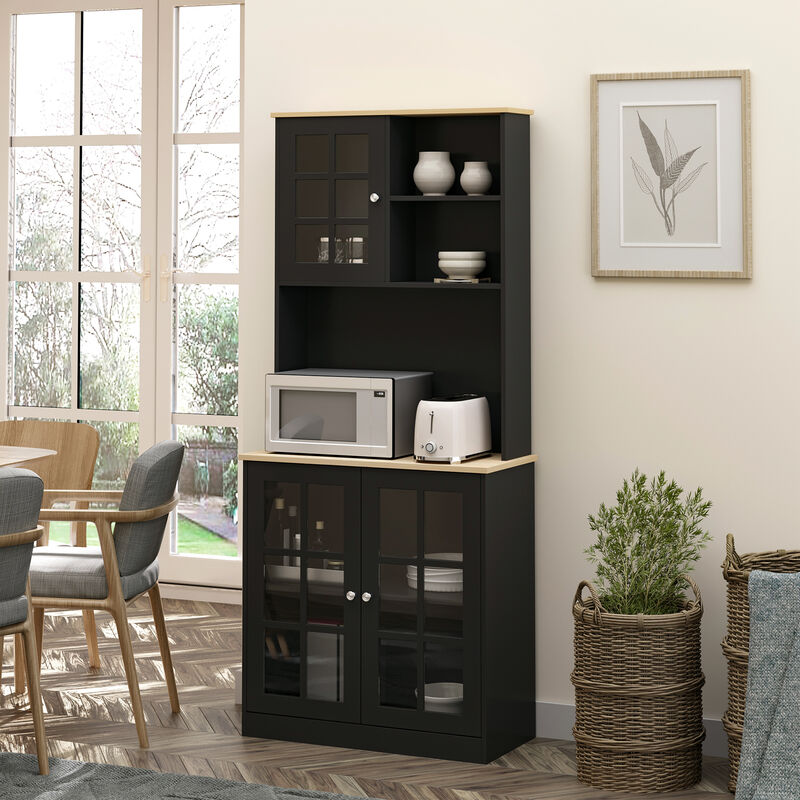 HOMCOM Kitchen Buffet with Hutch, Storage Pantry with 2 Cabinets with Glass Doors and Adjustable Shelf, 2 Open Shelves and Large Countertop, Black