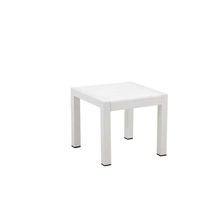 Josh 18 Inch Side End Table, Polyresin Planks, Crisp White Aluminum Frame-Benzara