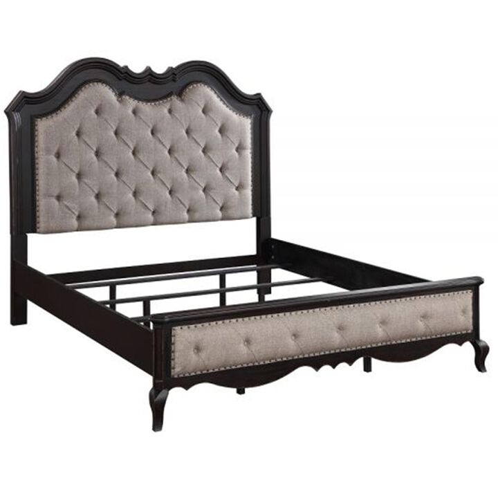 Benjara Chery California King Bed, Button Tufted Headboard, Fabric, Beige, Black