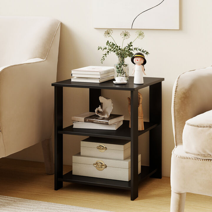 Modern 3-Tier Nightstand with Open Shelves and Square Side Table Design