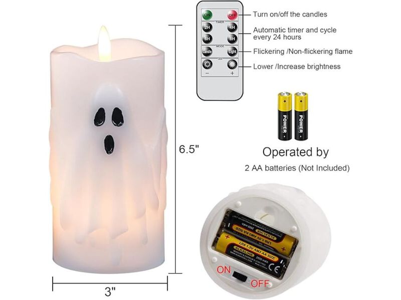 2-Pack Ghost Flameless LED Candles &ndash; 3"x6.5" Halloween Pillars with Remote & Timer for Indoor Decor & Gifting image number 1