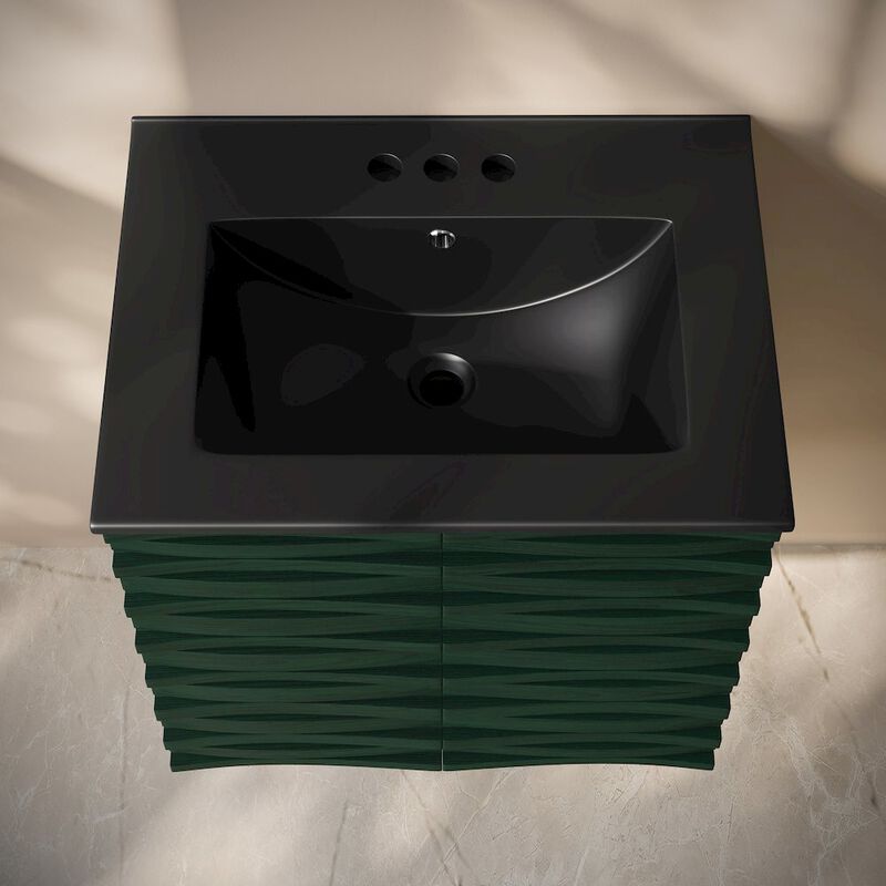24" Wall-Mounted Bathroom Vanity in Green Oak, Black 3-Hole Centerset Sink Top image number 2