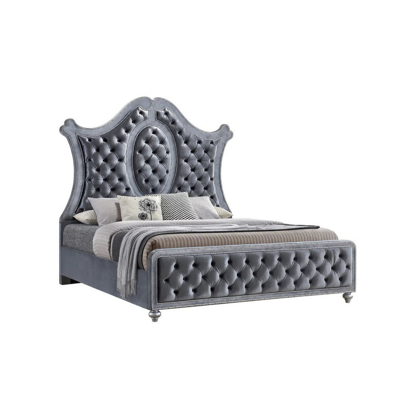 Rall Queen Size Bed, Curved Wood Headboard, Tufted Gray Fabric Upholstery