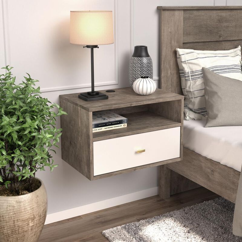 Prepac Floating Nightstand With Open Shelf, Drifted Gray and White