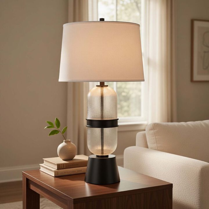 Table Lamp with LED Light, Gray Drum Shade, Frosted Glass Base, 29 Inch