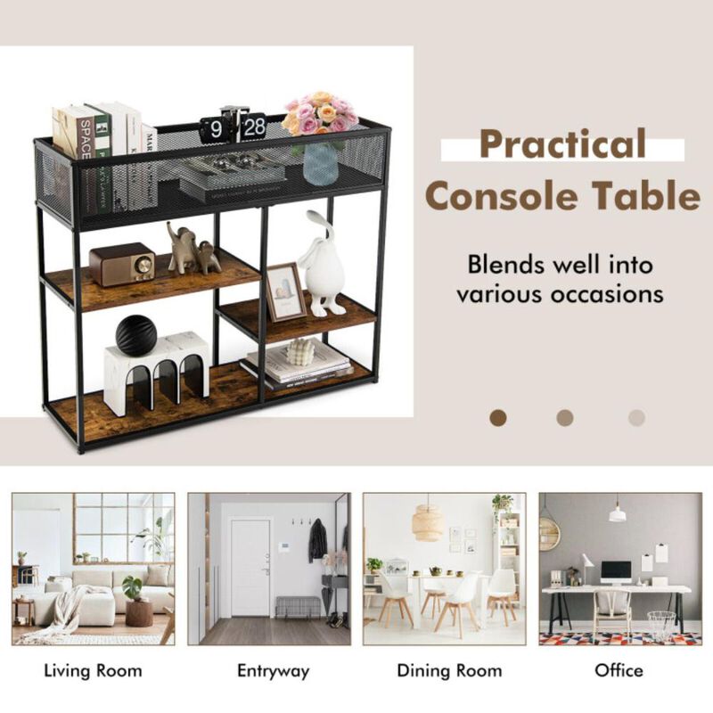 Hivvago 4-Tier Industrial Console Table with Wire Basket and shelf