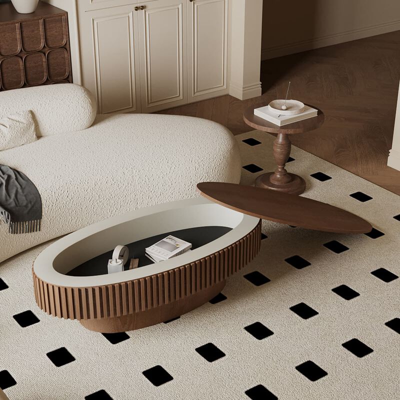 Oval coffee table with storage Solid wood veneer and MDF modern coffee table with fluted base Accent tea coffee table for living room image number 5