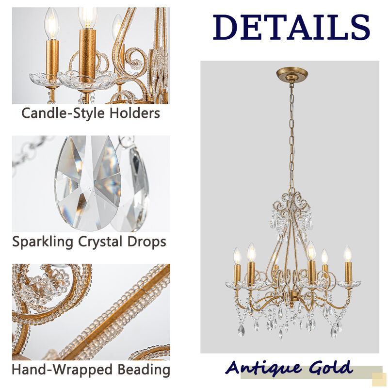 6-Lights Antique Gold Classic Candlestick Chandelier 22'' Mid-century French Style Pendant Light with Crystal Teardrop Beads image number 4