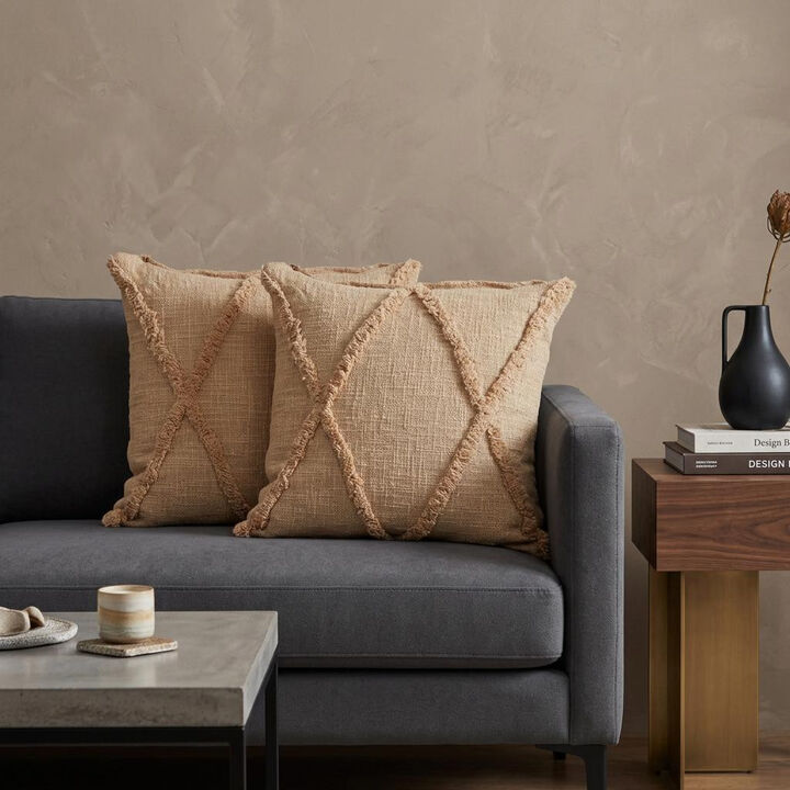 HomeRoots Set of Two Tan Diamond Cotton Throw Pillow With Fringe