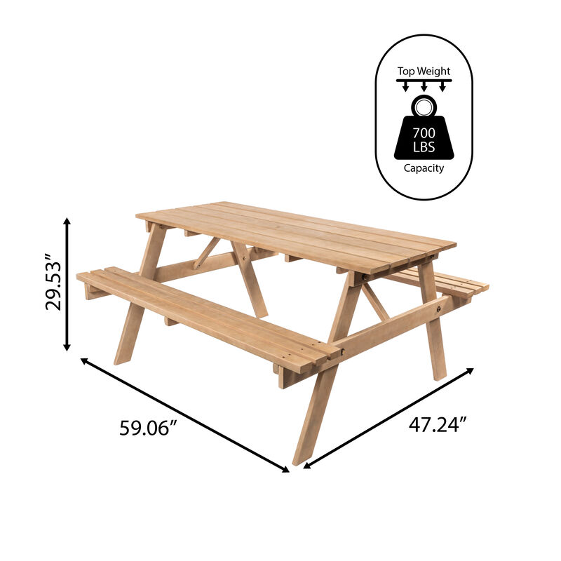 Shoreham 59" Modern Classic Outdoor Wood Picnic Table Benches with Umbrella Hole, Light Teak
