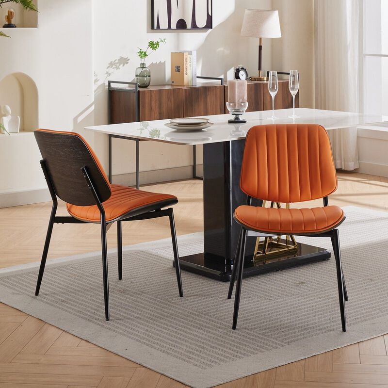 Clihome Dining Chairs Set of 2 Mid Century Modern Retro Faux Leather Chair with Walnut Bentwood Back Upholstered Seat Metal Legs Adjustable Foot for Kitchen Dining Room Chairs