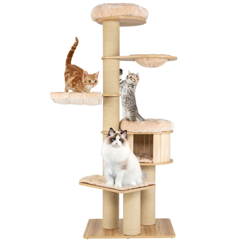 Modern Tall Cat Tree Tower with Scratch Posts and Washable Mats-Beige image number 3