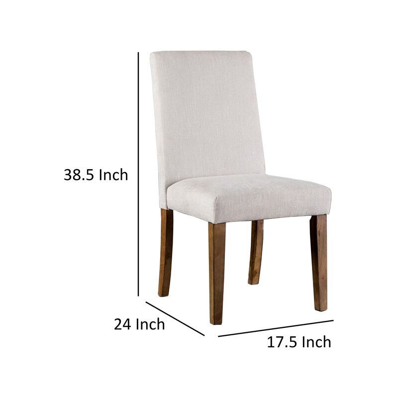 Jule Side Chairs Set of 2, Brown Solid Wood, Soft White Fabric Upholstery - Benzara