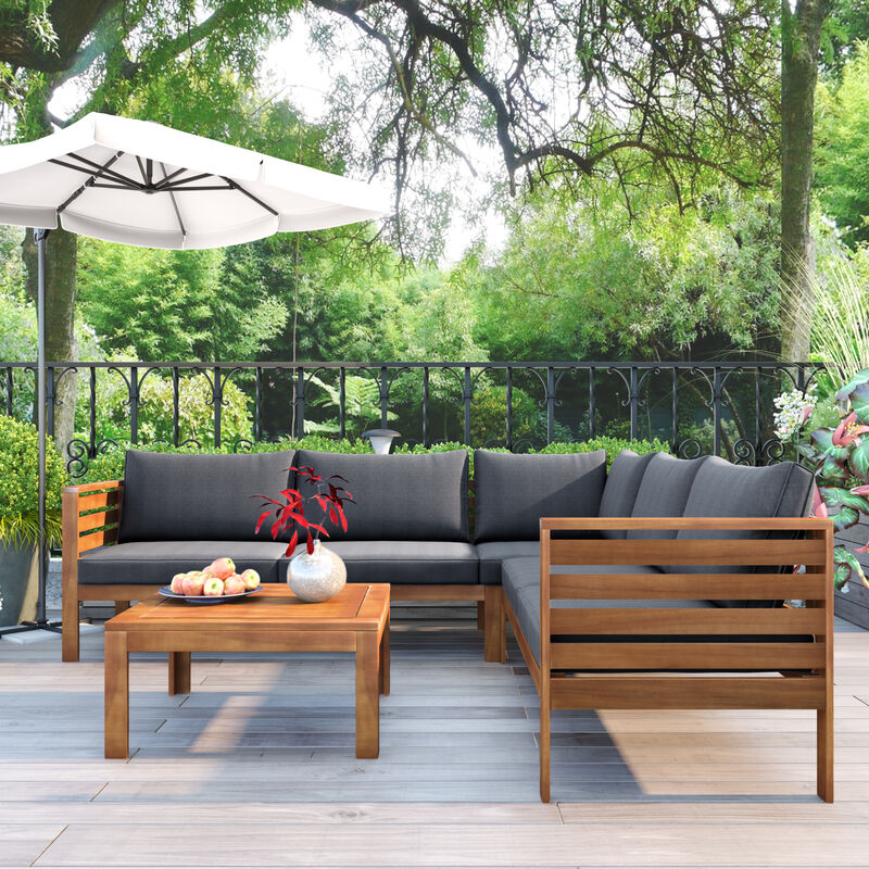 Whisen Wood Structure Outdoor Sofa Set with beige Cushions, Water-resistant and UV Protected texture