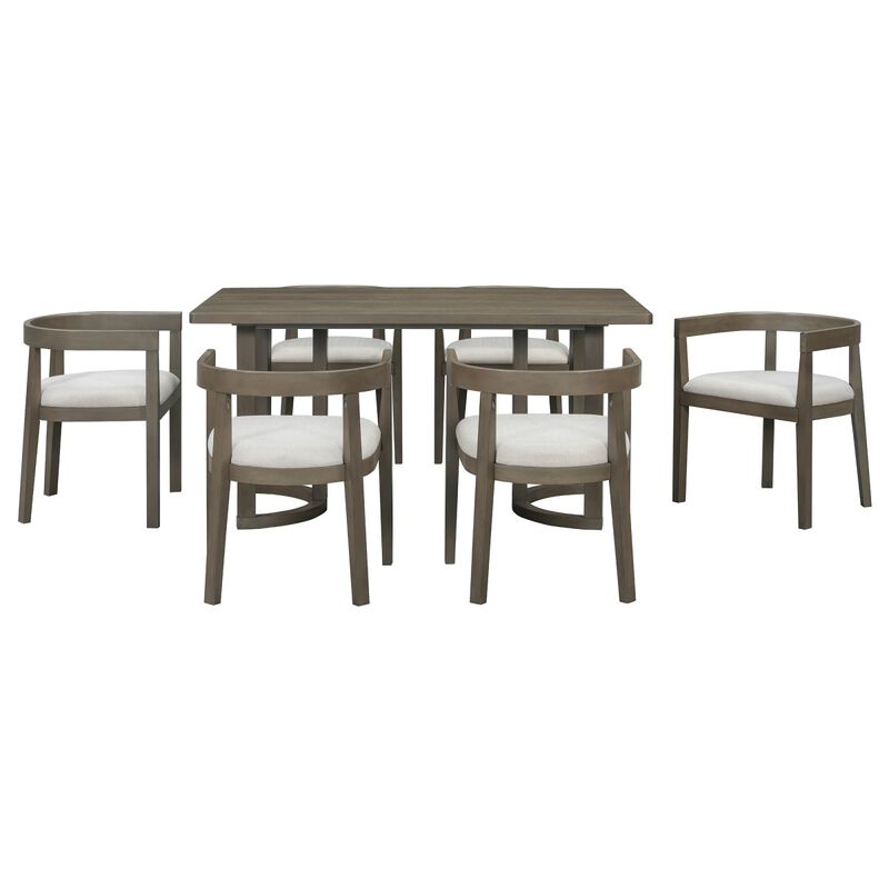 7 Piece Rectangular Dining Table Set with 6 Upholstered Barrel Back Chairs, wood grain kitchen table set, modern dining room table set image number 0