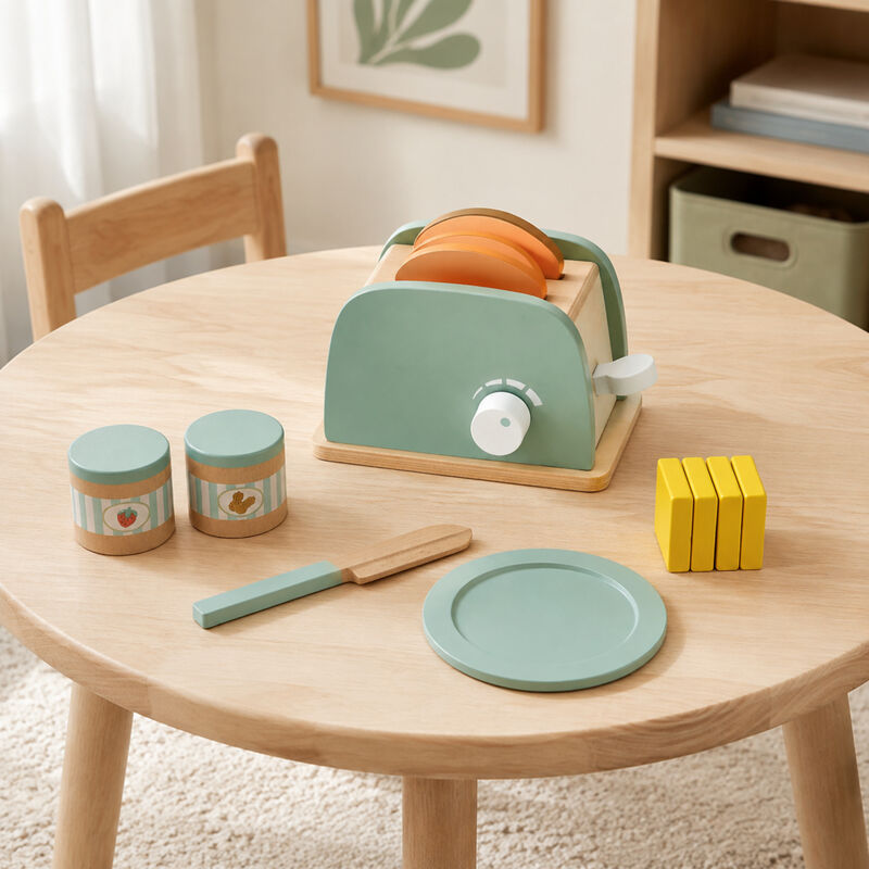 Teamson Kids 10-Piece Wooden Toy Toaster and Pretend Play Food Set, Green Set with Pretend Bread, Knife and Plate for Interactive Play, Little Chef Frankfurt image number 5