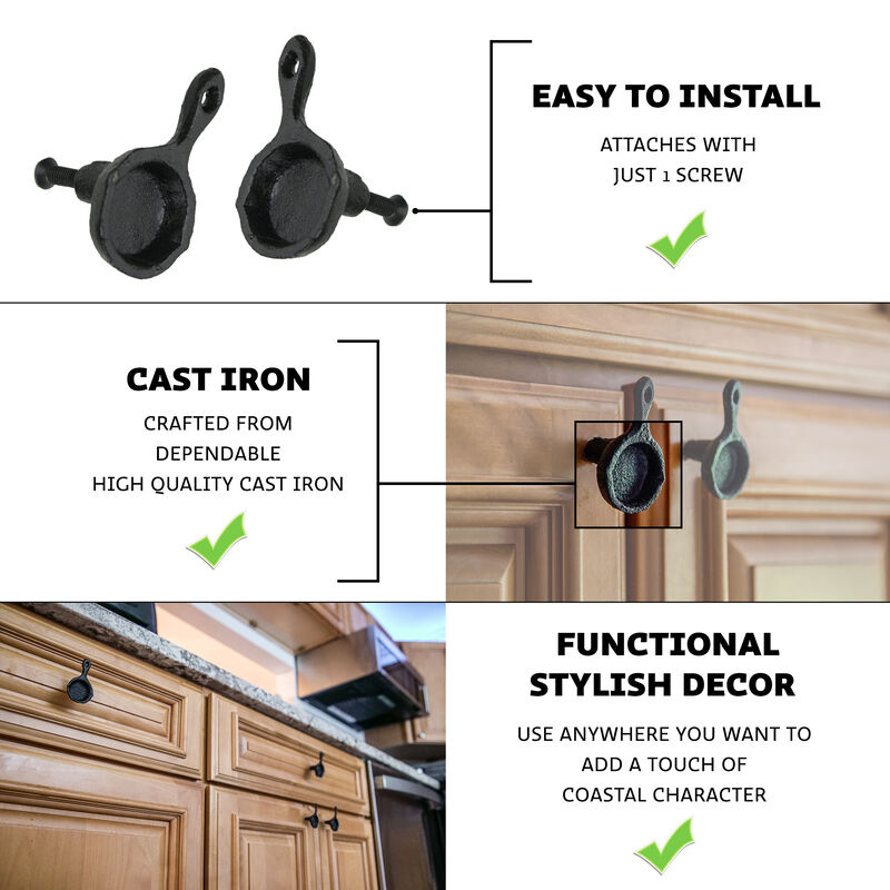 Set of 6 Black Mini Cast Iron Skillet Drawer Pulls - Decorative Kitchen Cabinet Knobs for Rustic Charm - Simple Installation - Each 2.25 Inches in Height image number 3