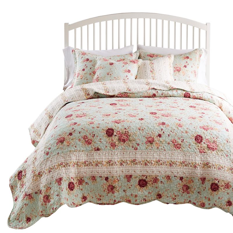 Rosle 5pc Full/Queen Quilt Set, Shams, Patchwork Floral Print, Blue Cotton - Benzara