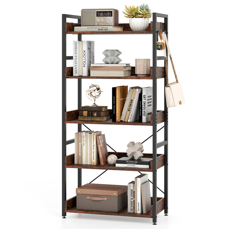 Open Storage 5-Tier Bookcase with 4 Hooks – Industrial Bookshelf for Any Room