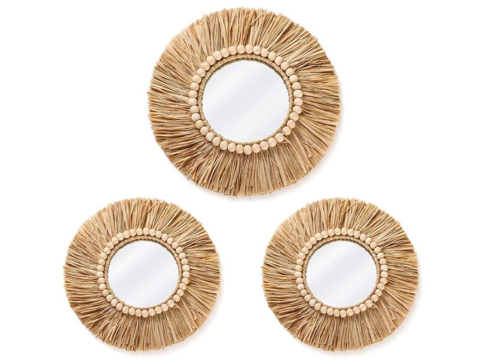 Boho Raffia Round Wall Mirror Set Rustic Decorative Mirrors with Wood Beads