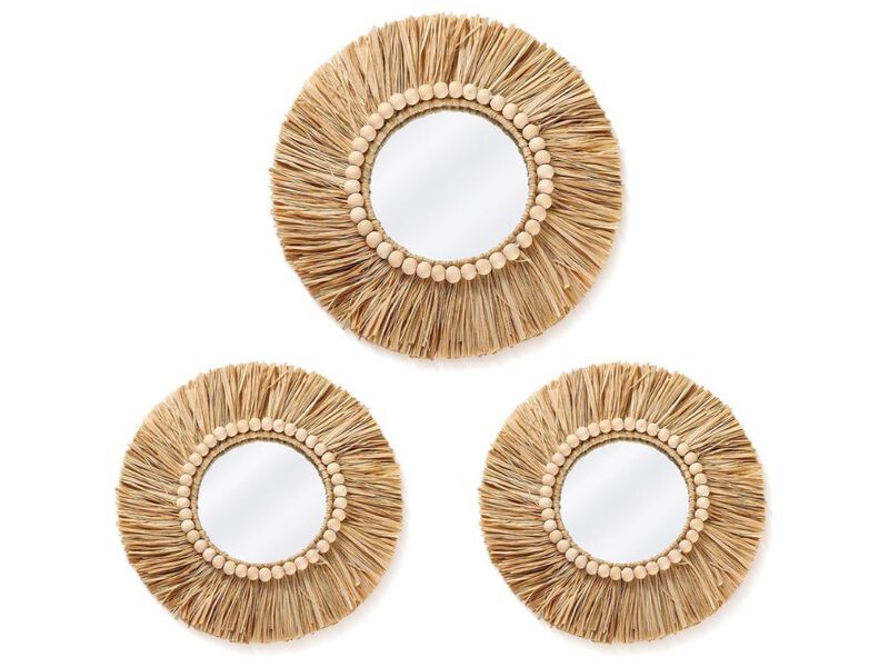 Boho Raffia Round Wall Mirror Set Rustic Decorative Mirrors with Wood Beads image number 0
