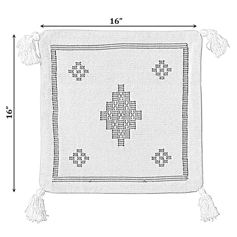 16" Throw Pillow Cover with Southwest Tribal Pattern and Corner Tassels, Black & White