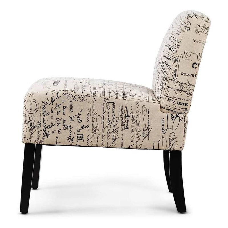 QuikFurn Modern Accent Chair Off-White French Cursive Pattern Upholstery with Black Wood Legs