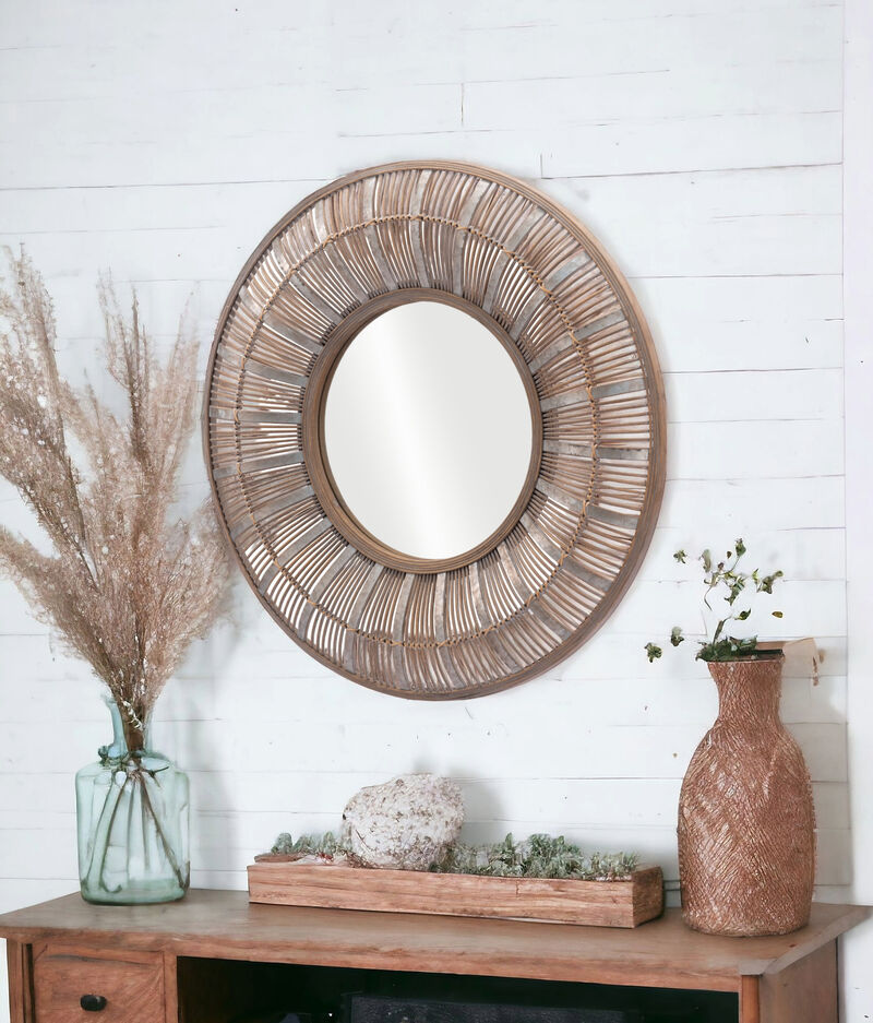HomeRoots 32" Brown Round Accent Mirror image number 1
