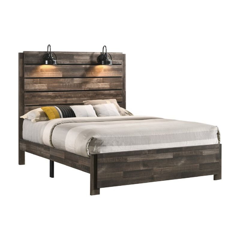Queen Bed with Rustic Heavy Grain Details and 2 Attached Lanterns, Brown - Benzara