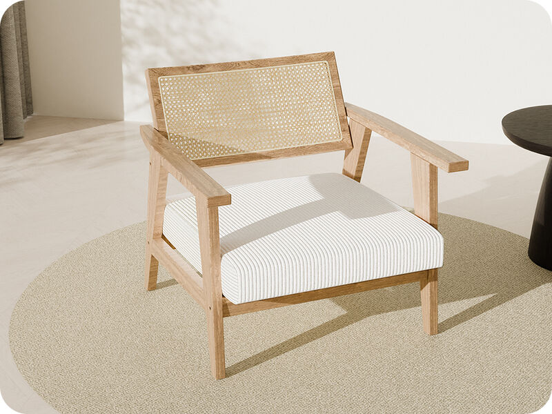 BELLEZE Mid-Century Modern Cane Back Accent Chair, Natural Wood Armchair with Upholstered Seat, Boho Lounge Chair for Living Room, Bedroom, or Office, Comfortable Padded Seat with Minimalist Design