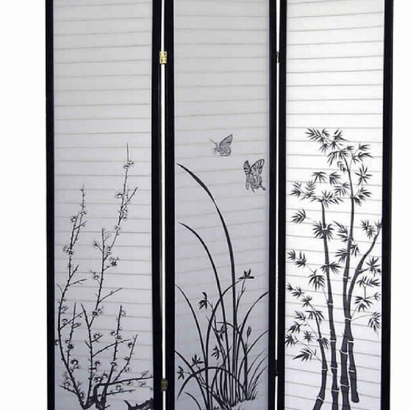 Naturistic Print Wood and Paper 3 Panel Room Divider, White and Black-Benzara