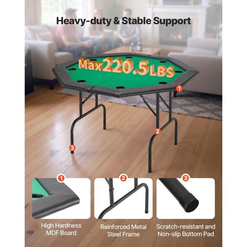 8 Player Folding Poker Table, Octagonal Casino Game Table with Padded Rails & Cup Holders image number 3