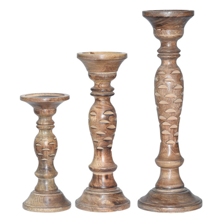 Traditional Medium Burnt Eco-friendly Handmade Mango Wood Set Of Three 9",12" & 15" Pillar Candle Holder