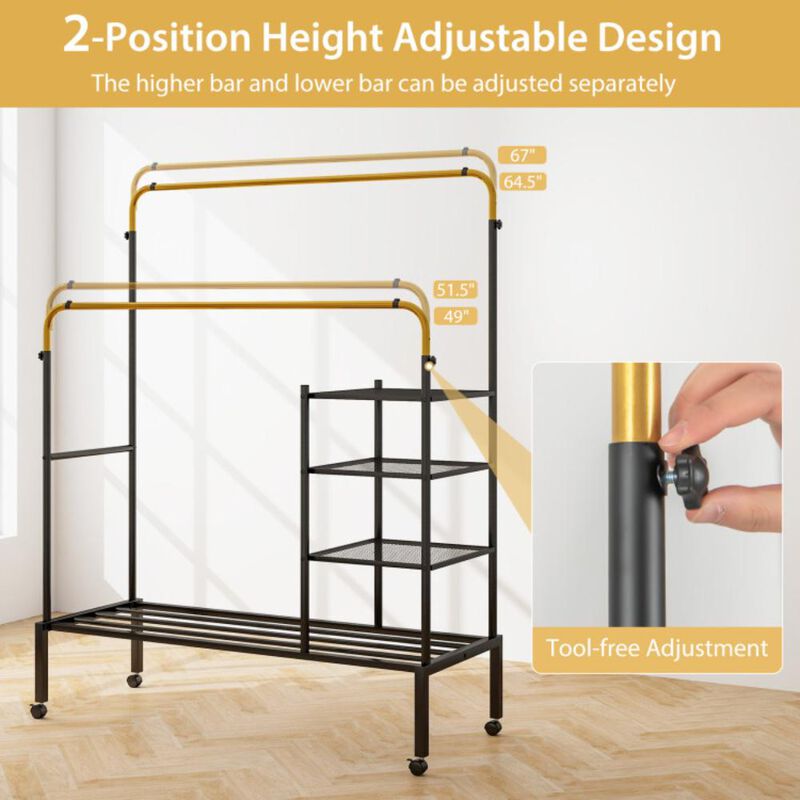 Hivvago Rolling Double Rods Garment Rack with Height Adjustable Hanging Bars