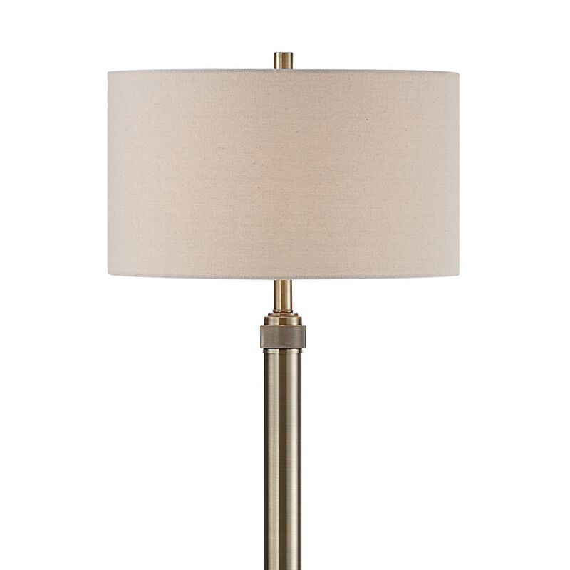 Modern Floor Lamp, White Linen Drum Shade, Brass Metal Pole, Round Base - Benzara